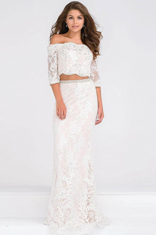 Lace Off the Shoulder Two Piece Beaded Prom Dress JVN47915