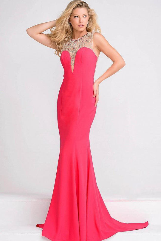 Fitted Embellished Neckline Sheer Back Dress JVN48834