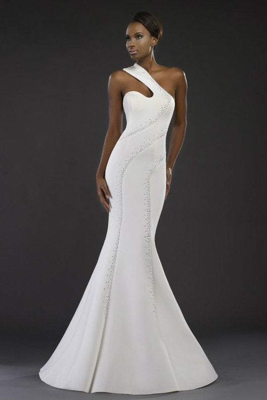 Janique - Glamorous Assymetrical Trumpet Gown JQ1613 In White