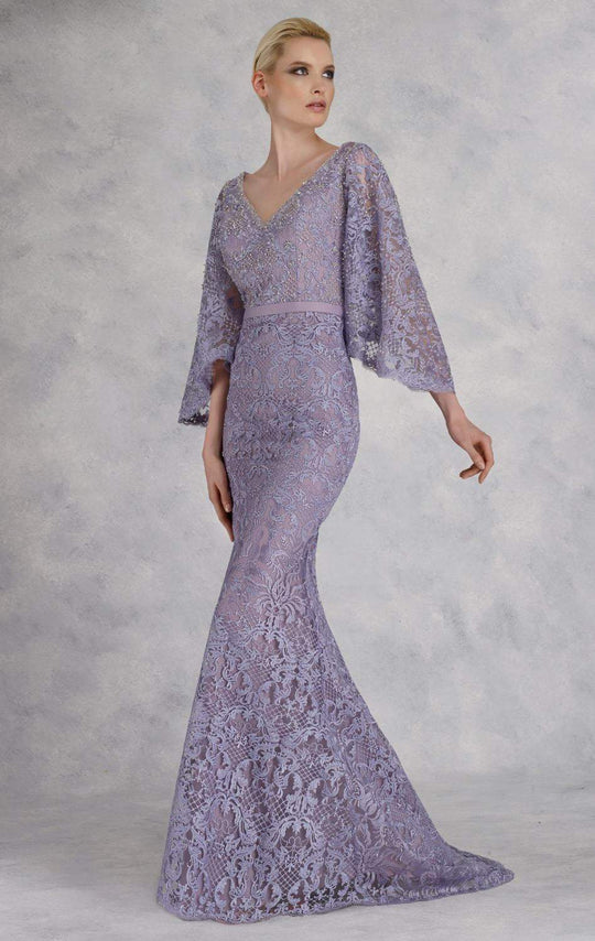 Janique - JQ1824 Angel Sleeved Lace Appliqued Evening Gown in Purple