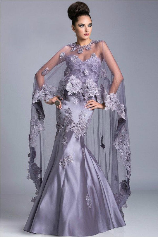 Janique - Full Length Floral Strapless Sweetheart Lace And Satin Mermaid Evening Gown With Cape JQ3412 in Purple