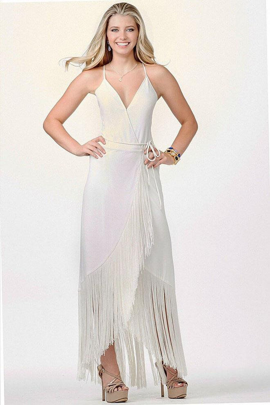 JVN26708 Sleeveless V-neck Fringe Long Dress
