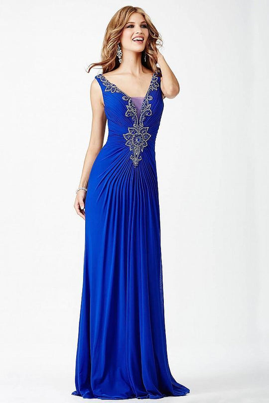 JVN26975 Beaded Plunging Ruched Evening Dress