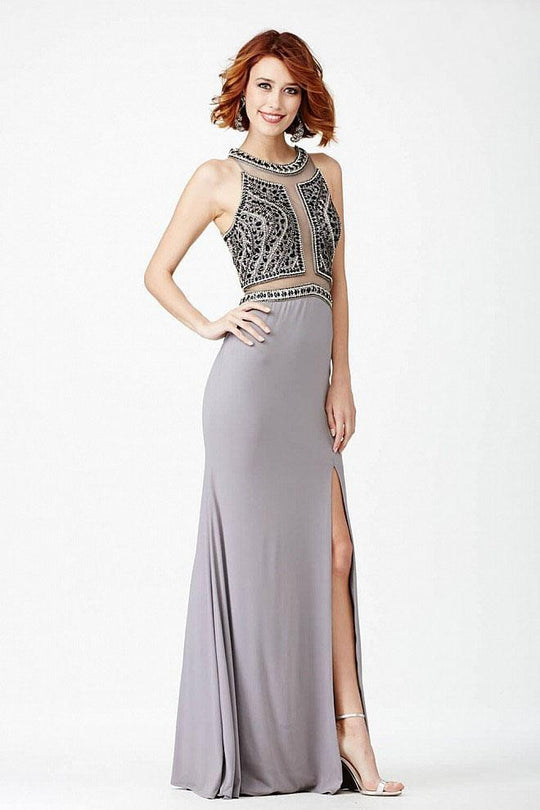 JVN29121 Crystal Embellished Sheer Slit Dress