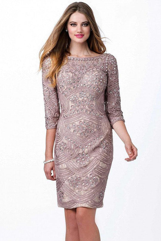 JVN29348 Beaded Lace Fitted Bateau Dress