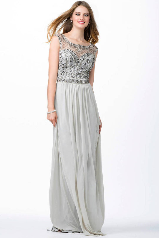 JVN31440 Cap Sleeve Lattice Ornate Illusion Gown