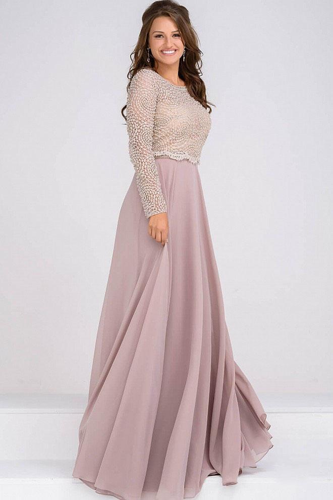 JVN45598 Beaded Scoop Long Sleeves Dress