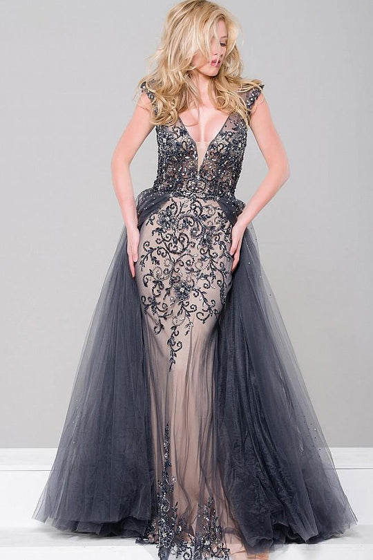 Embellished Lace Gossamer Overskirt Long Gown in Gray
