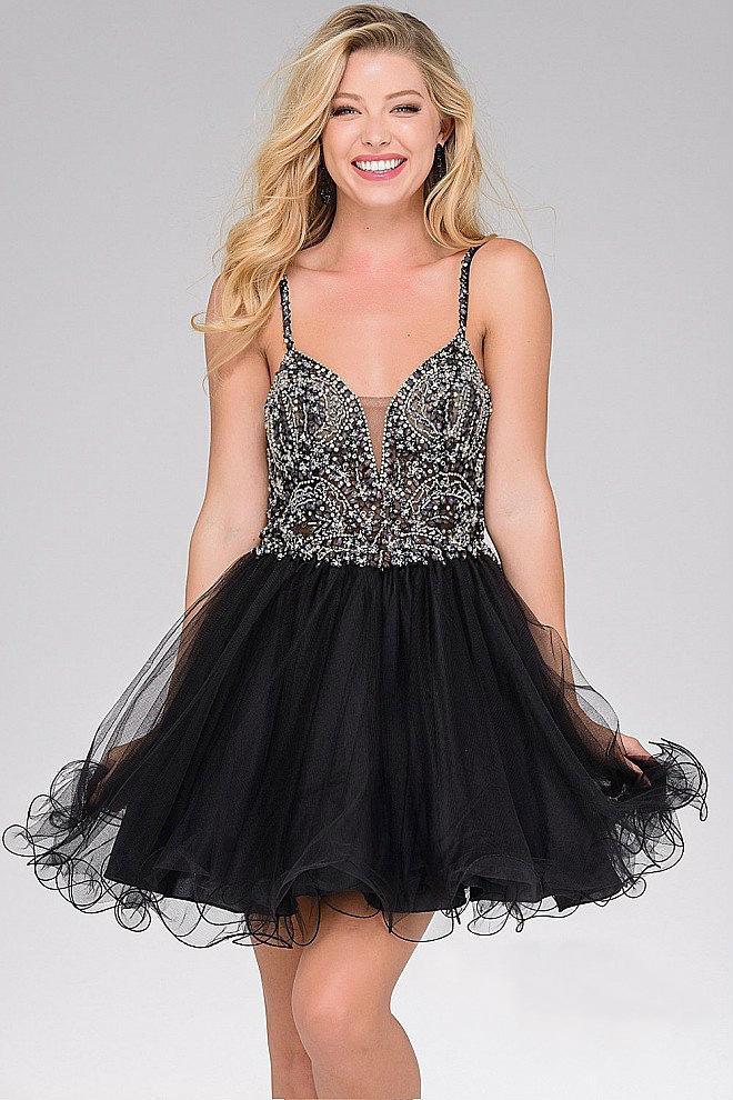 Bead Embellished V-neck Tulle Fit and Flare Dress JVN47550