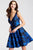 JVN53112 Floral Printed V-Neck Embellished Belt Short Dress