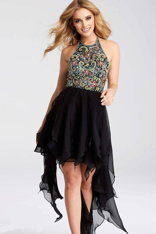 JVN53128 Halter Embellished Bodice High Low Dress