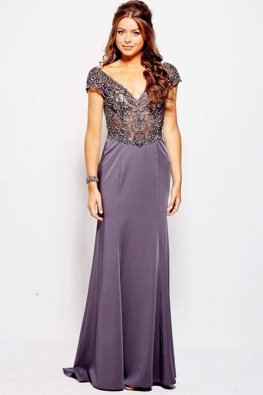 JVN53185 Cap Sleeve Swirl Ornate Illusion Sheath Gown