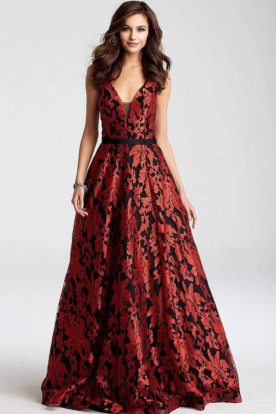 JVN55932 Embroidered Plunging V Evening Gown