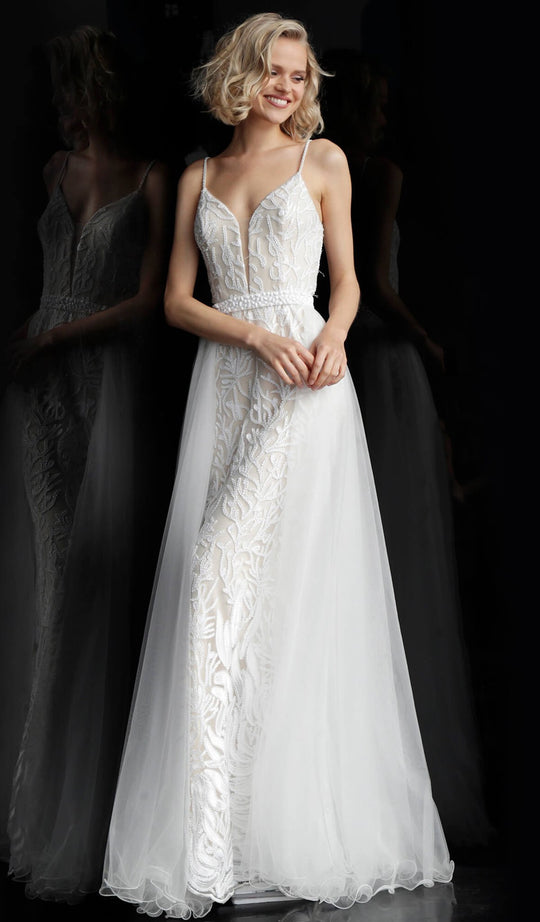 Jovani - JVN55128 Embroidered Plunging V-Neck Evening Gown In White and Nude