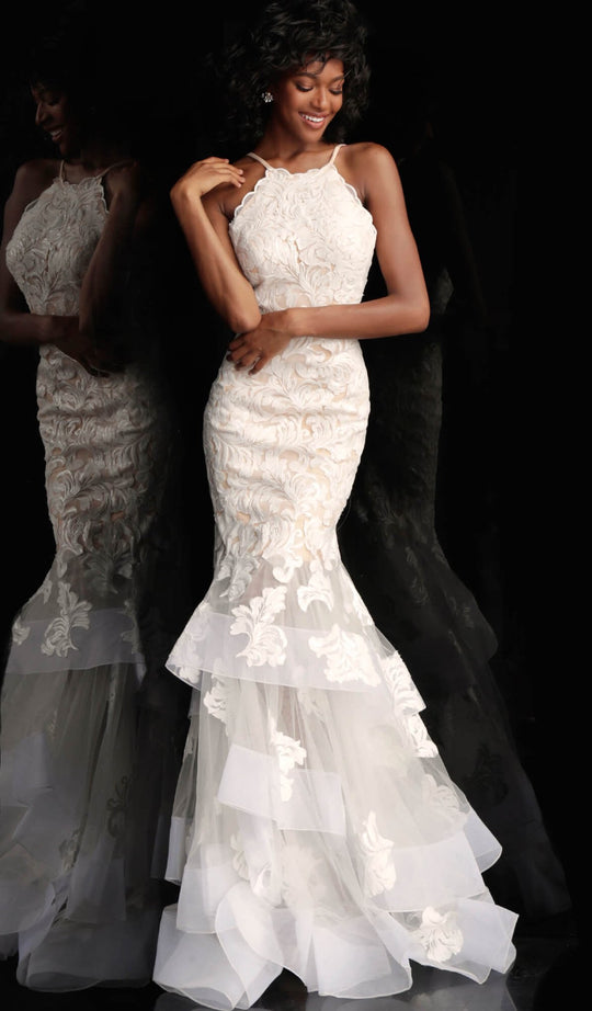 Jovani - JVN55908 Lace Appliqued Halter Trumpet Gown In White and Nude