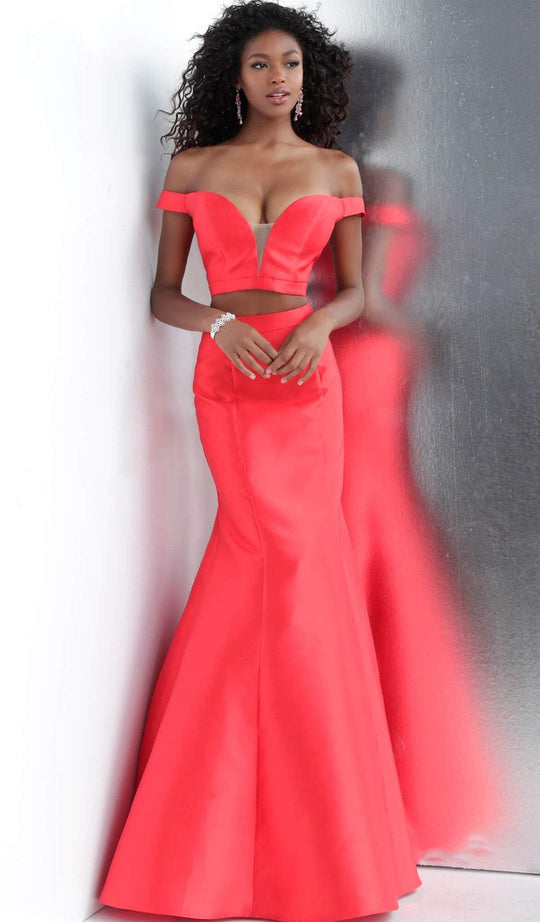 Jovani - JVN58068 Plunging Illusion Off Shoulder Trumpet Prom Dress in Red