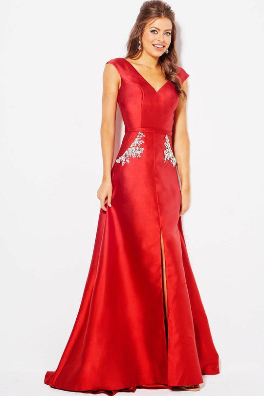 Jovani - JVN59080 Cap Sleeve Crystal Embellished Front Slit Gown In Red