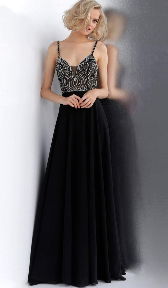 Jovani - JVN59136 Embellished Deep V-neck Chiffon A-line Dress in Black