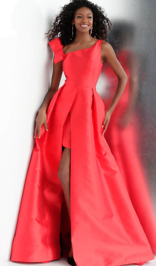 Jovani - JVN60049 Asymmetric Mikado Ballgown With High Front Slit in Red