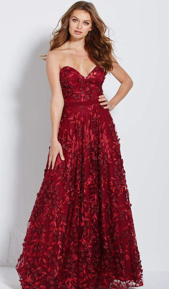 Jovani - JVN60436 Floral Applique Embroidered Sweetheart Ballgown In Red
