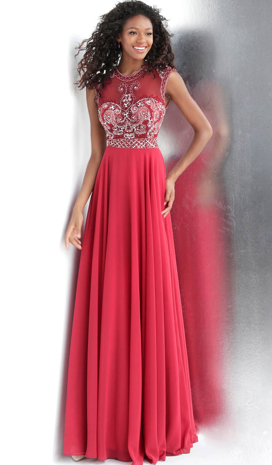 Jovani - JVN60451 Crystal Embellished Chiffon A-line Dress In Red