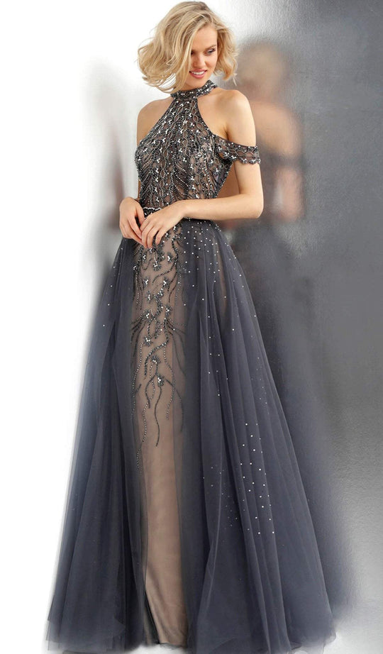Jovani - JVN60456 Beaded Tulle Overskirt High Halter Gown In Gray