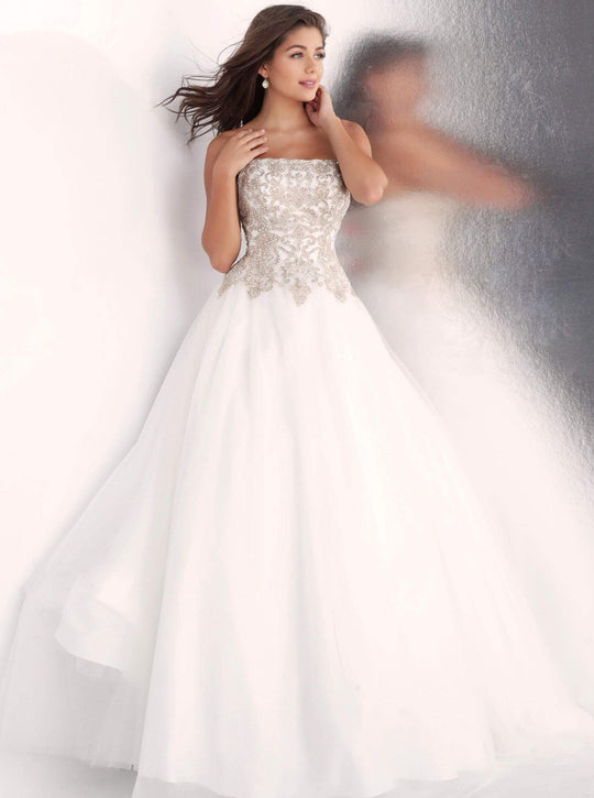 Jovani - JVN62012 Strapless Beaded Ornate Bodice Tulle Prom Ballgown in White