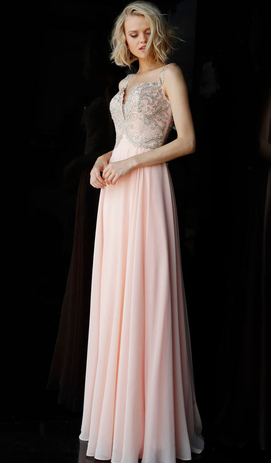 Jovani - JVN62321 Sleeveless Beaded Plunging V-neck Chiffon Dress In Orange