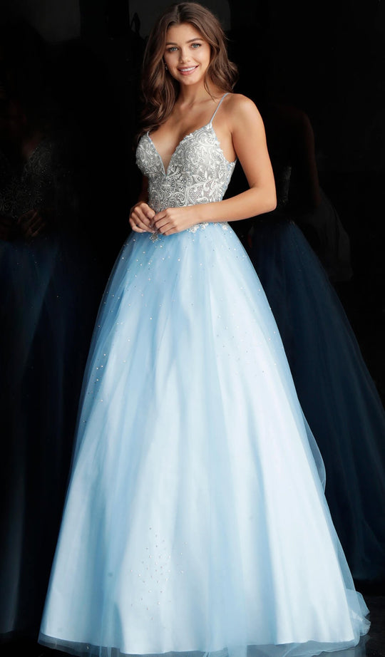 Jovani - JVN62323 Crystal Embellished Deep V-neck Tulle Ballgown in Blue