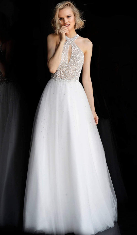 Jovani - JVN62328 Beaded Halter Neck Tulle Ballgown in White