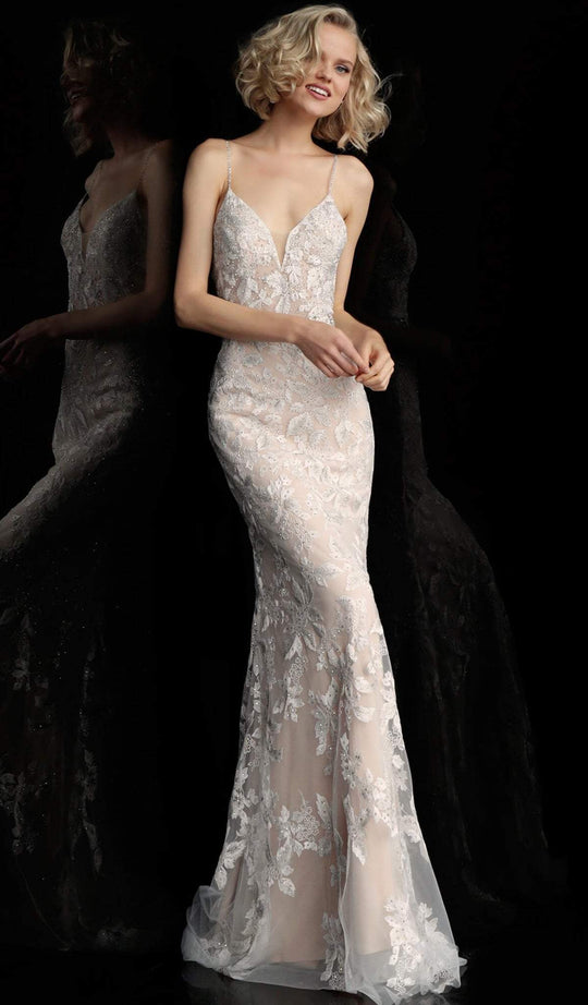 Jovani - Embroidered Plunging V-neck Trumpet Evening Gown JVN62330 - 1 pc Off-White/Nude In Size 4 Available