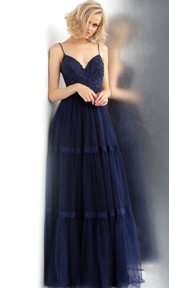 Jovani - JVN62411 Embroidered A-line Dress With Sheer Overlay in Blue