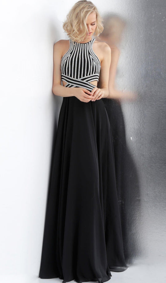 Jovani - JVN62472 Embellished Bodice High Neck A-Line Gown in Black