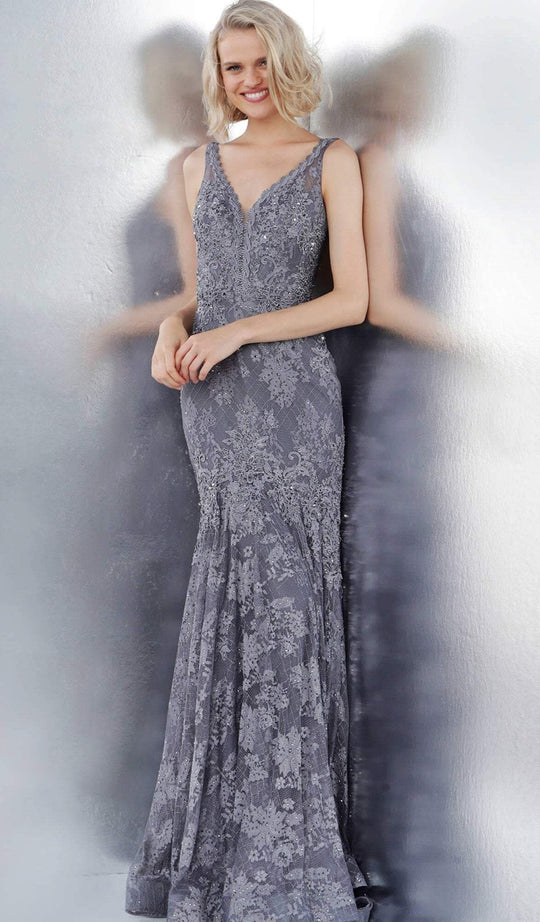 Jovani - JVN62490 Embellished Lace Plunging V-neck Trumpet Dress In Gray