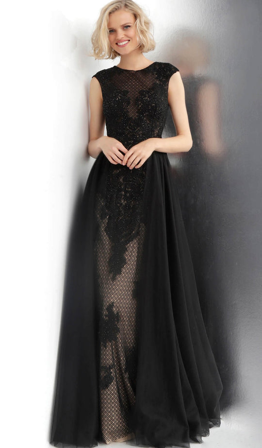 Jovani - JVN62550 Cap Sleeve Embroidered Lace Overskirt Gown in Black