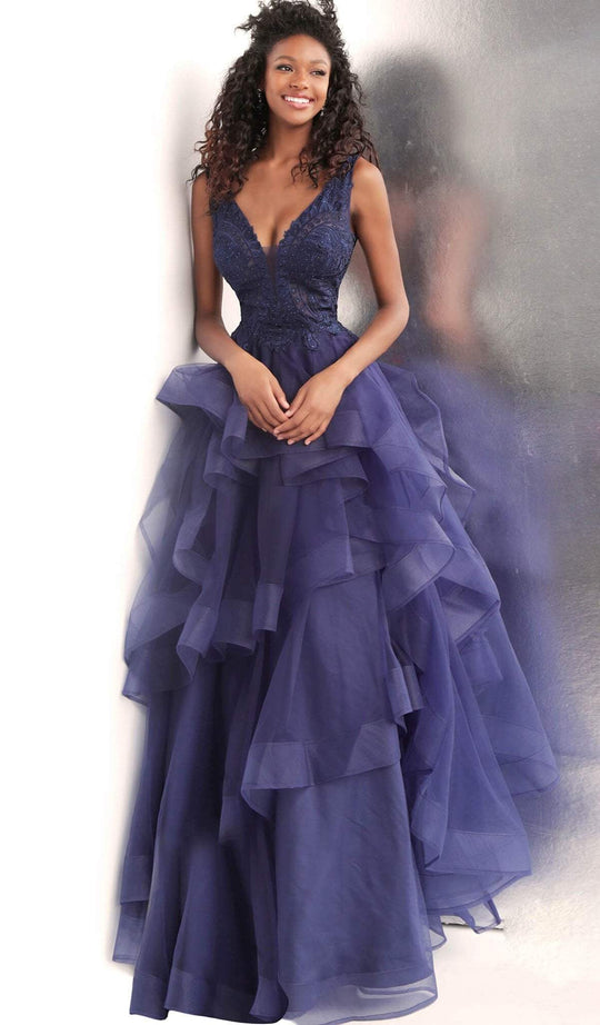 Jovani - JVN62554 Embroidered Plunging V-neck Tiered Ruffled Ballgown In Blue
