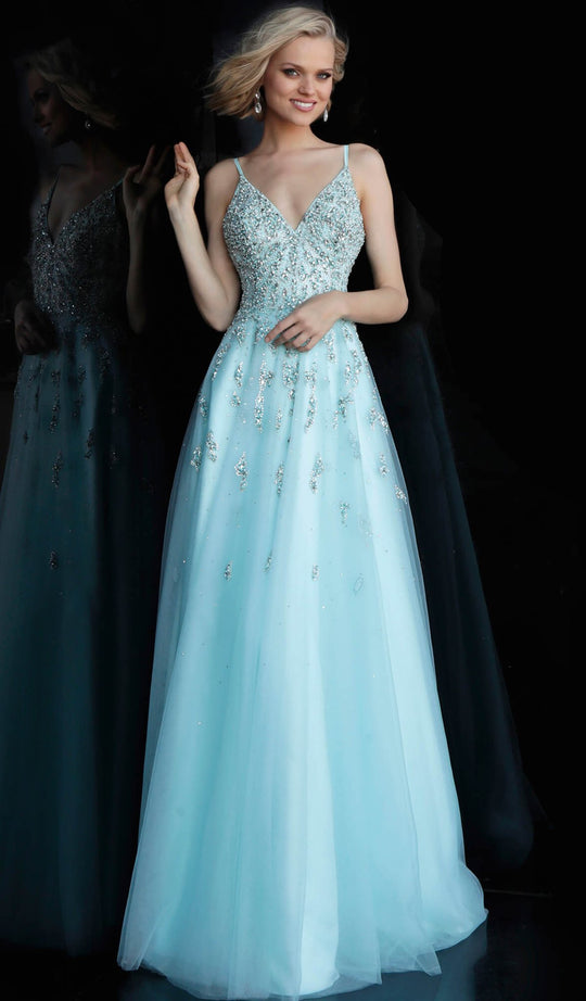 Jovani - JVN62576 Crystal Beaded Tulle A-Line Gown in Blue