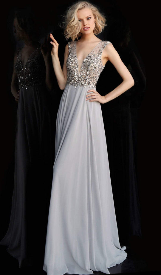 Jovani - JVN62611 Bead Embellished Deep V-neck Chiffon A-line Dress In Silver