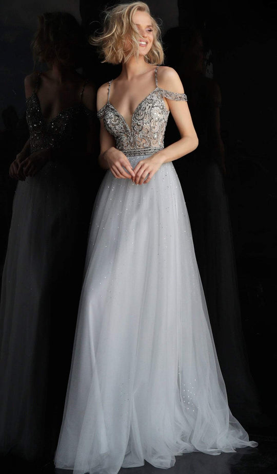 Jovani - JVN62621 Beaded Plunging Off-Shoulder Tulle A-line Dress In Blue