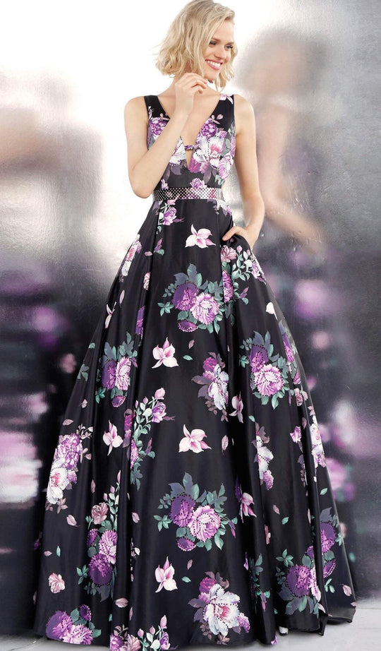 Jovani - JVN62624 Floral Printed Deep V-neck Ballgown in Black
