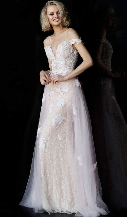 Jovani - JVN62628 Embroidered Plunging Off-Shoulder A-line Dress in Pink