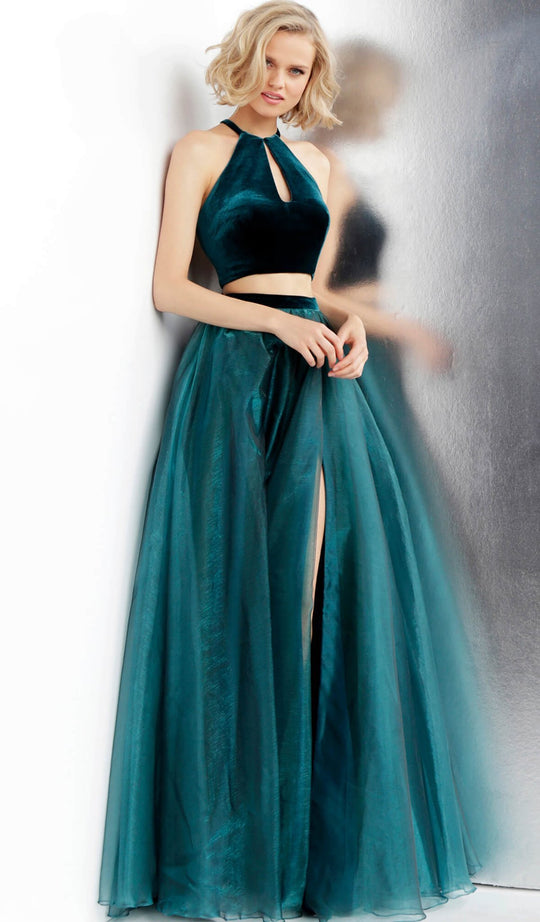 Jovani - JVN62639 Two Piece Velvet Halter Ballgown With Slit in Green