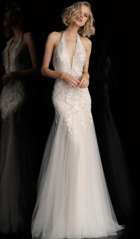 Jovani - JVN62690 Embellished Deep Halter V-neck Trumpet Dress in White