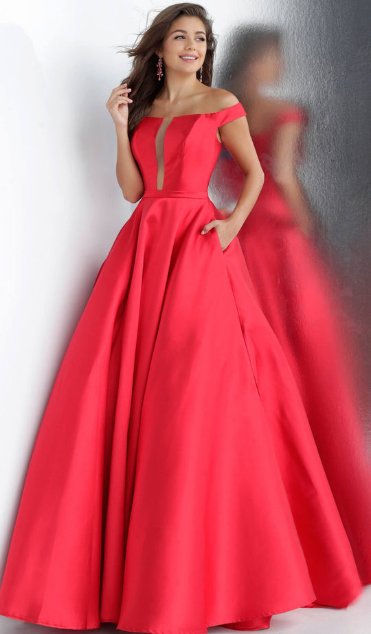 Jovani - JVN62743 Off-Shoulder Ballgown With Side Pockets in Red