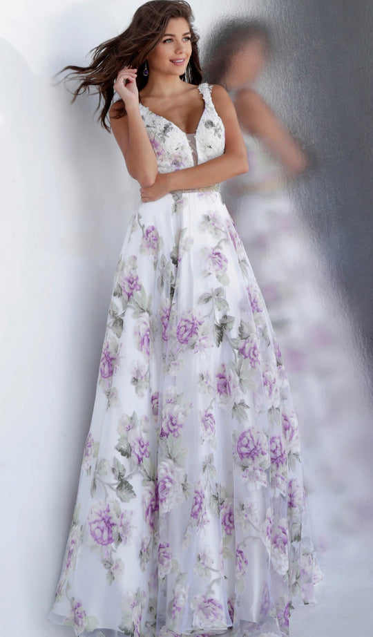 Jovani - JVN62791 Embroidered Plunging V-Neck A-Line Gown In White