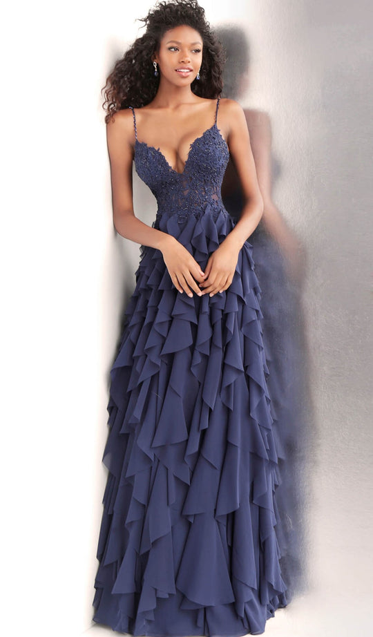 Jovani - JVN63544 Applique Deep V-neck Ruffled A-line Dress in Blue