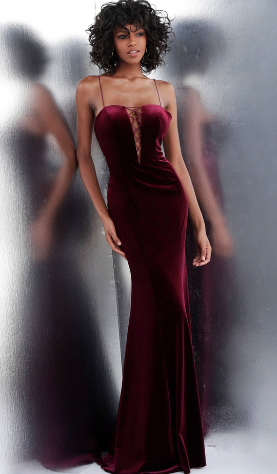 Jovani - JVN63568 Plunging Neck Velvet Trumpet Dress in Red