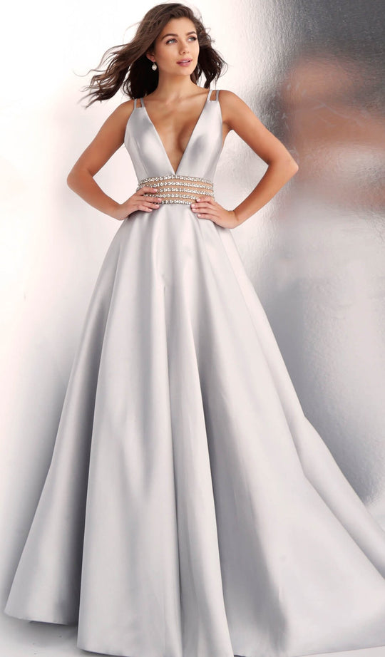 Jovani - JVN63737 Embellished Deep V-neck Ballgown in Silver