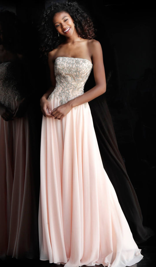 Jovani - JVN63749 Strapless Embroidered Straight Across A-line Dress in Pink