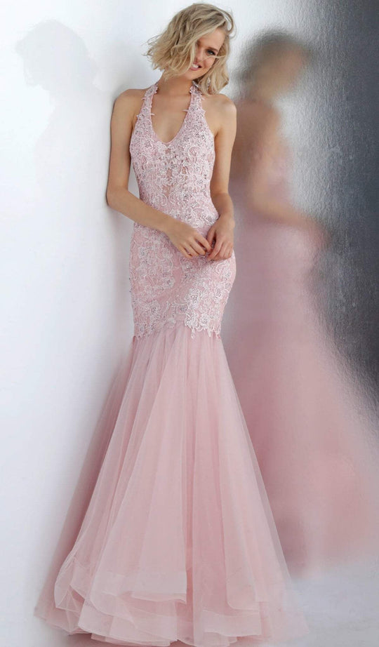 Jovani - JVN64106 Embroidered Halter V-neck Mermaid Dress In Pink